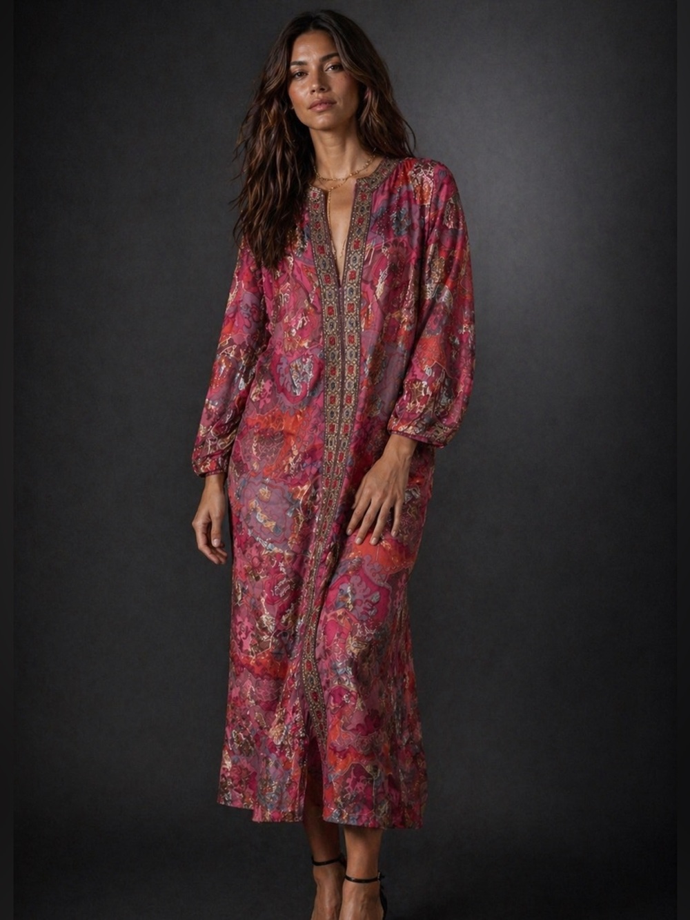 Metallic Floral Caftan Dress Embellished Trim Pink | Function & Fringe Edit